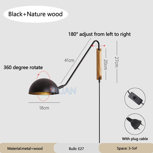 Nordic Bedroom Bedside Wall Lamps Plug In Wall Sconce Black White Iron Lampshade Swing Long Arms Wall Mounted Light E27 - vue 10 sur 14