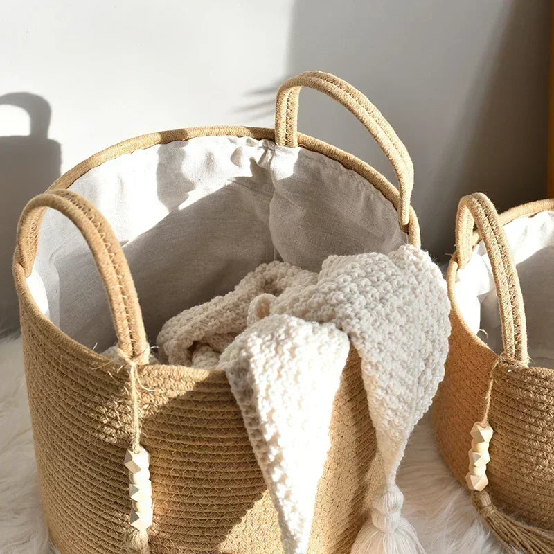 grand panier à linge tissé avec poignées en coton pliable - vue 5 sur 10