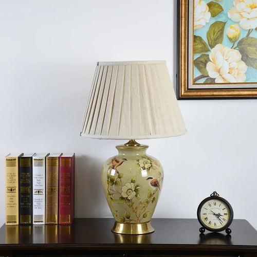 lampe de bureau nordique céramique motif fleur et oiseau - vue 4 sur 9