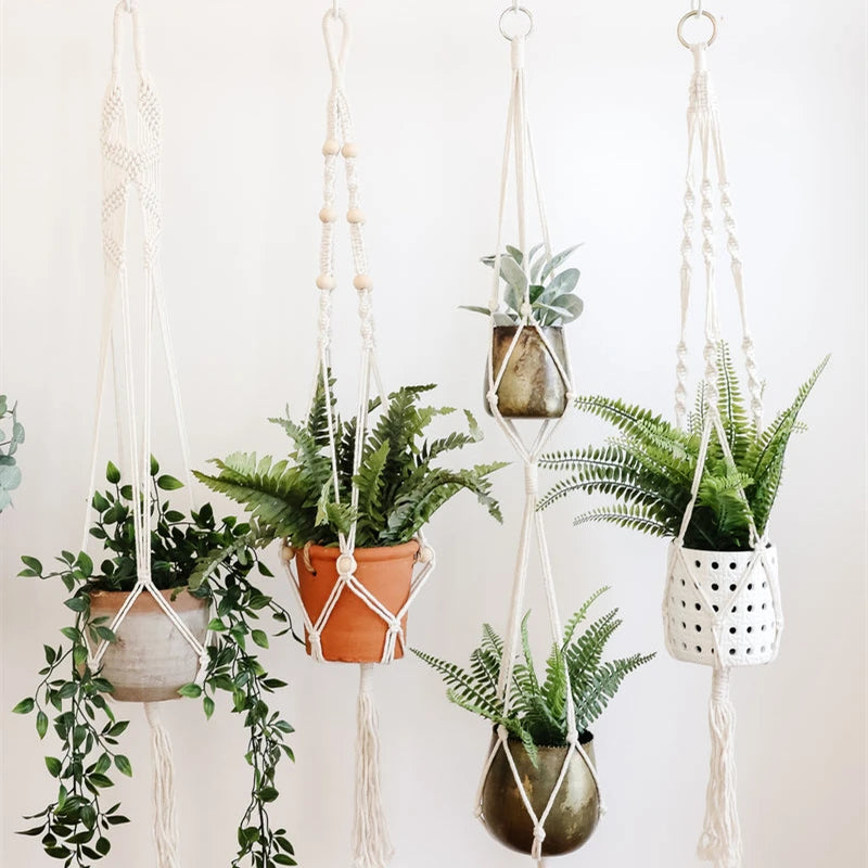 support de plante en macramé suspendu fait main en coton naturel - vue 3 sur 23