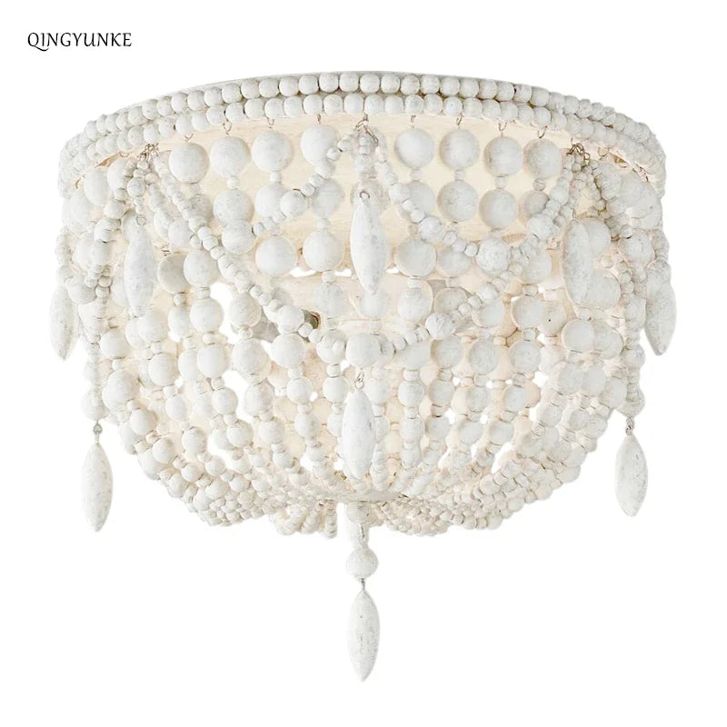 French Style Retro Pendant Lights For Living Room  Bedroom Children'S Room Princess White Wood Bead Decorative Indoor Lighting - vue 3 sur 9