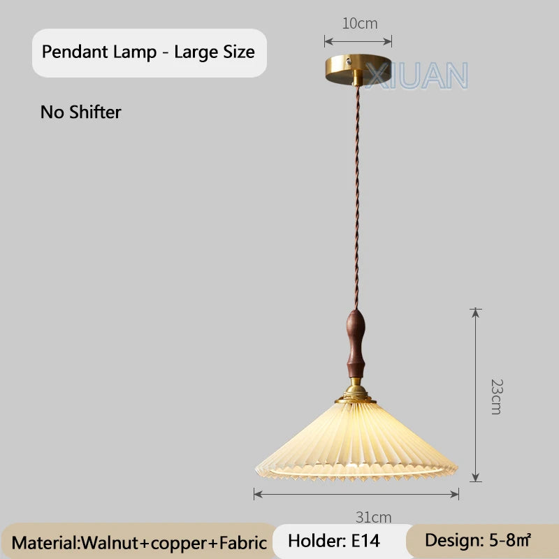 lustre vintage japonais avec abat-jour plissé en noyer