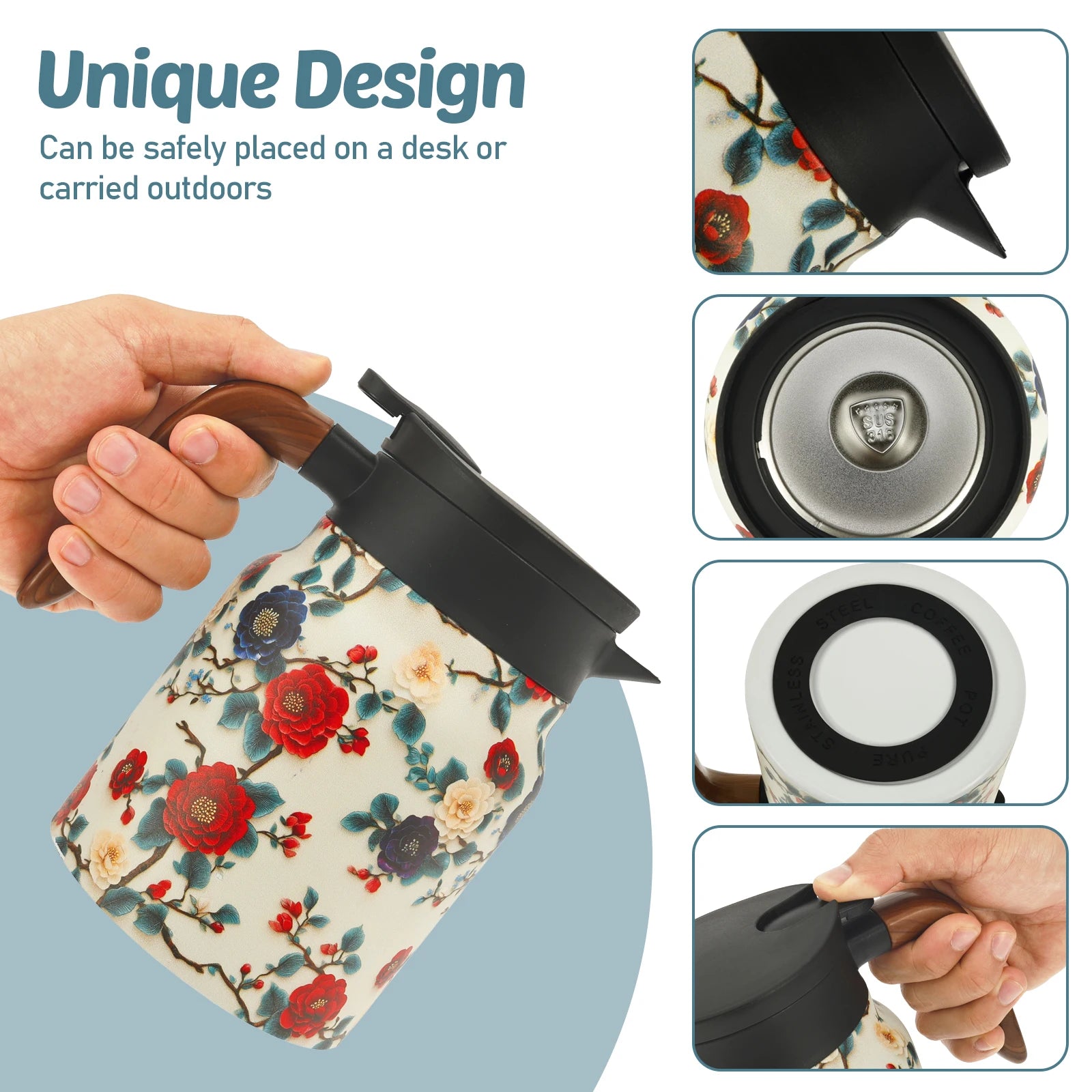 Théière isotherme vintage floral inox avec infuseur thermostat - vue 7 sur 7