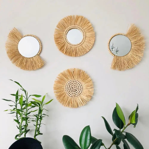 miroir suspendu en raphia et perles en bois décoratif multifonctions - vue 3 sur 11