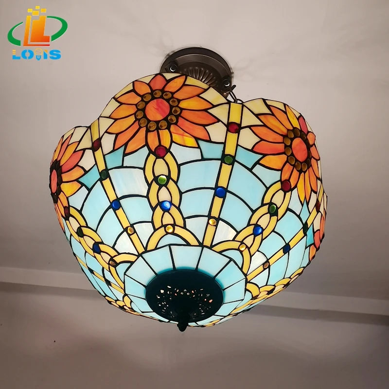 lustre inversé style tiffany en verre antique pour décoration intérieure - vue 4 sur 6
