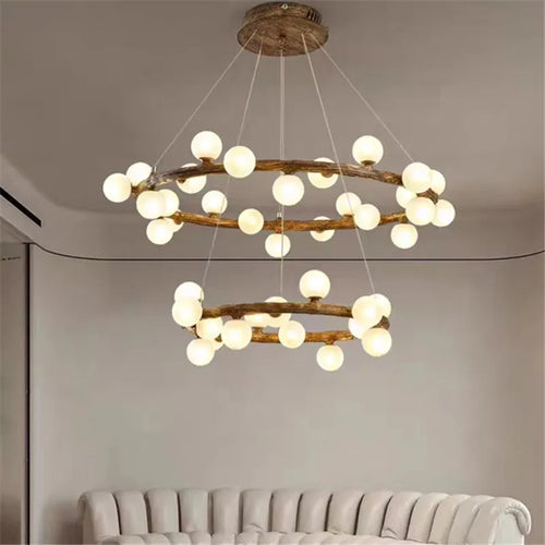 lustre rétro en forme de branche d'arbre en bois et verre - vue 2 sur 13