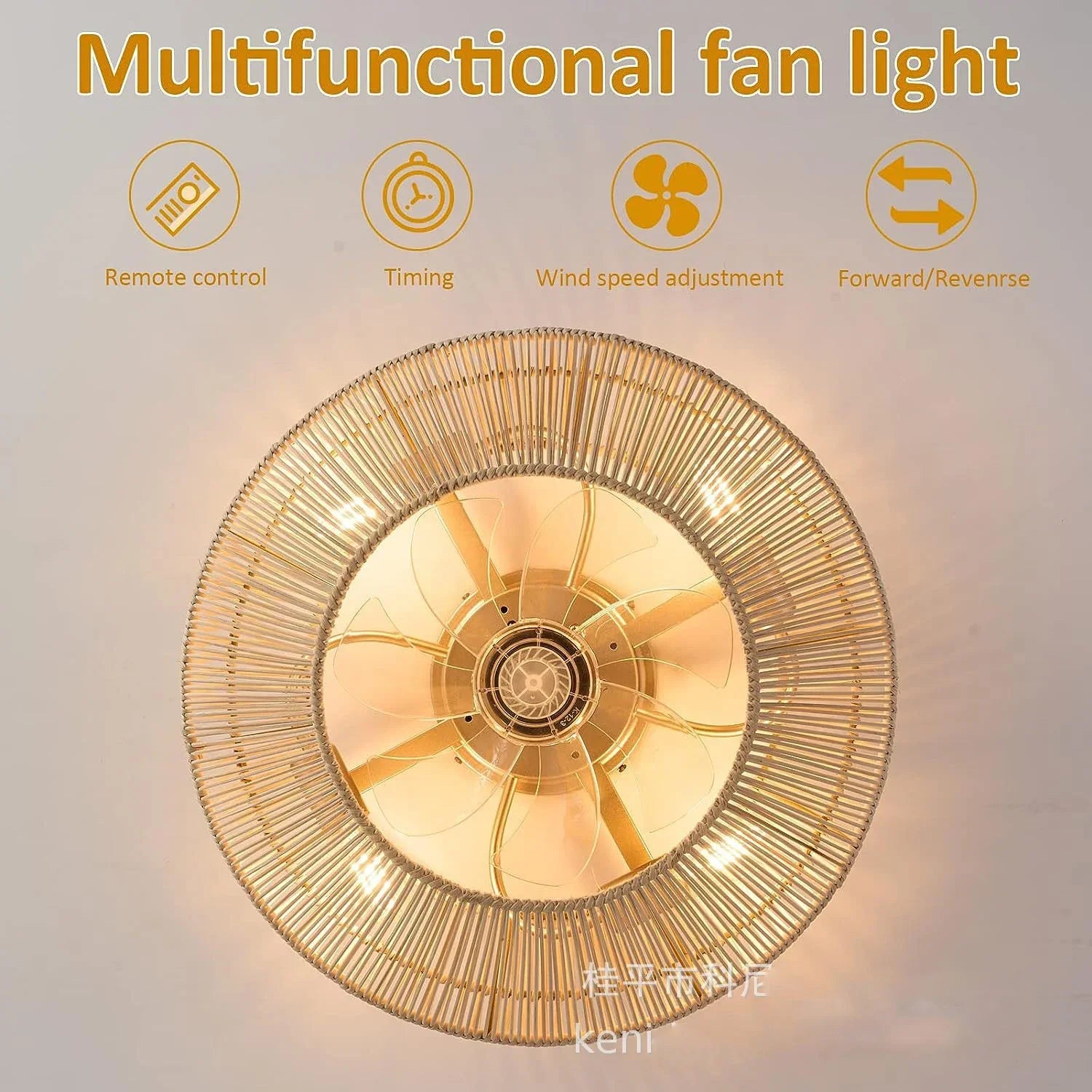 plafonnier ventilateur industriel avec lumière en bambou - vue 5 sur 7