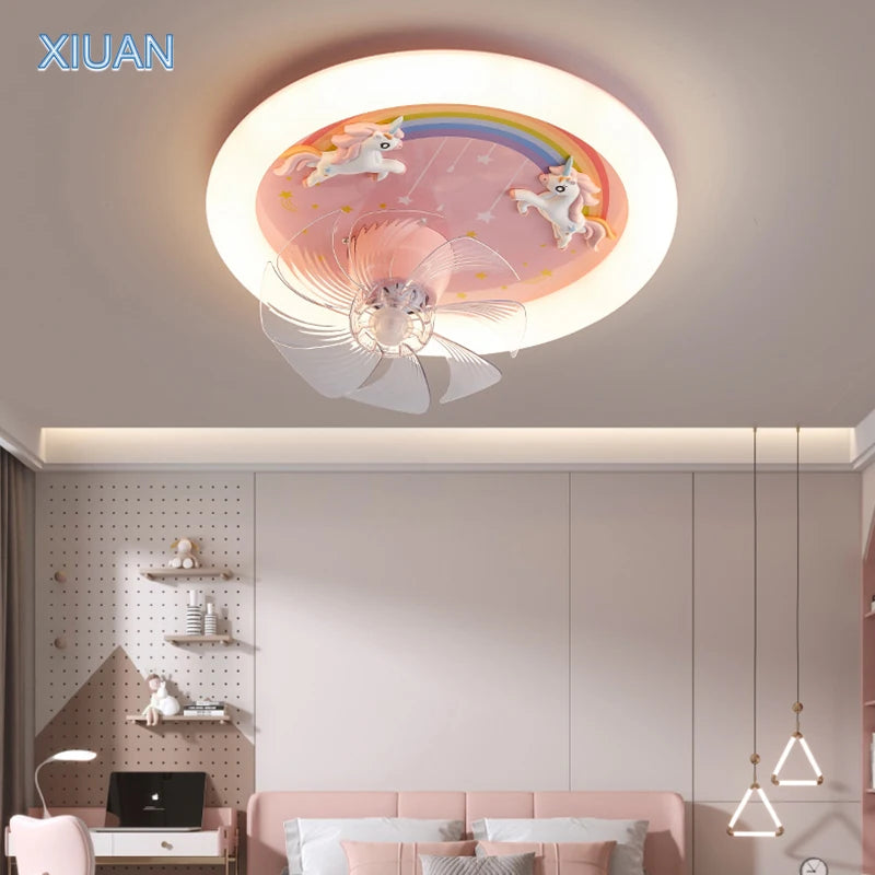 Creative LED Ceiling Light with Fan Pink Princess Children's Room Bedroom Ceiling Fan Resin Unicorn Rainbow Remote Control 220V - vue 3 sur 7