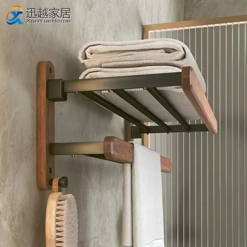 porte-serviettes en bois et aluminium organisateur mural pour accessoires de douche - vue 2 sur 16