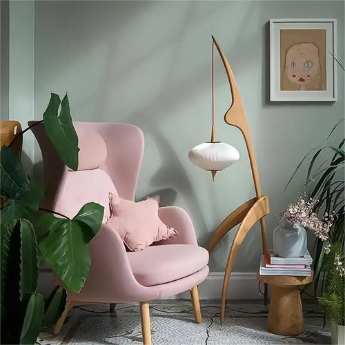 lampadaire design en bois noyer avec lampe suspendue - vue 4 sur 10