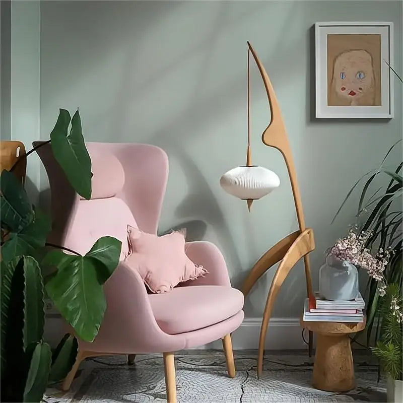 lampadaire design en bois noyer avec lampe suspendue - vue 3 sur 10