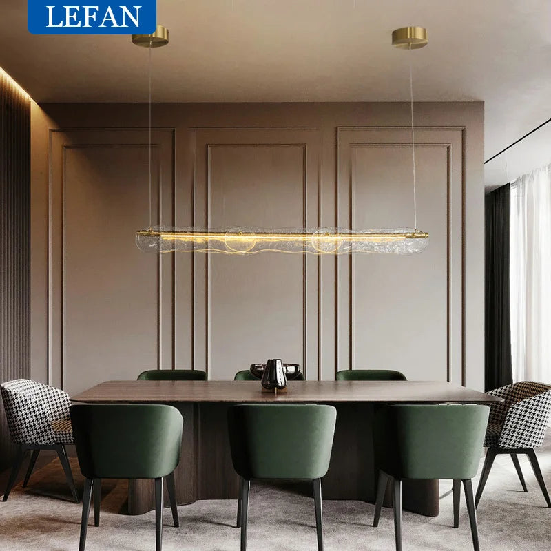 Lustre moderne allcopper lumière luxe créatif longue bande minimaliste bar salle à manger comptoir eau motif Suspension en verre - vue 4 sur 7