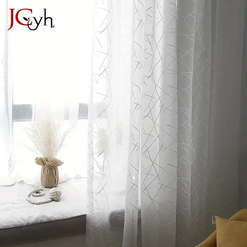 Voilage tulle a motifs rayures style moderne salon - vue 4 sur 7