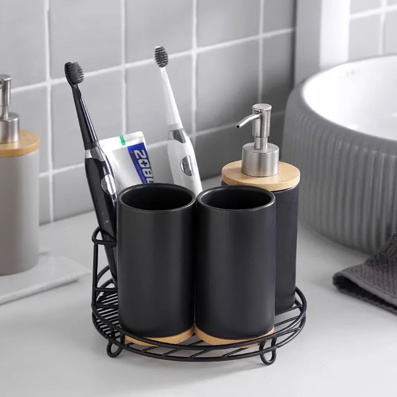 porte-brosse à dents en céramique style nordique avec base en bois - vue 4 sur 22