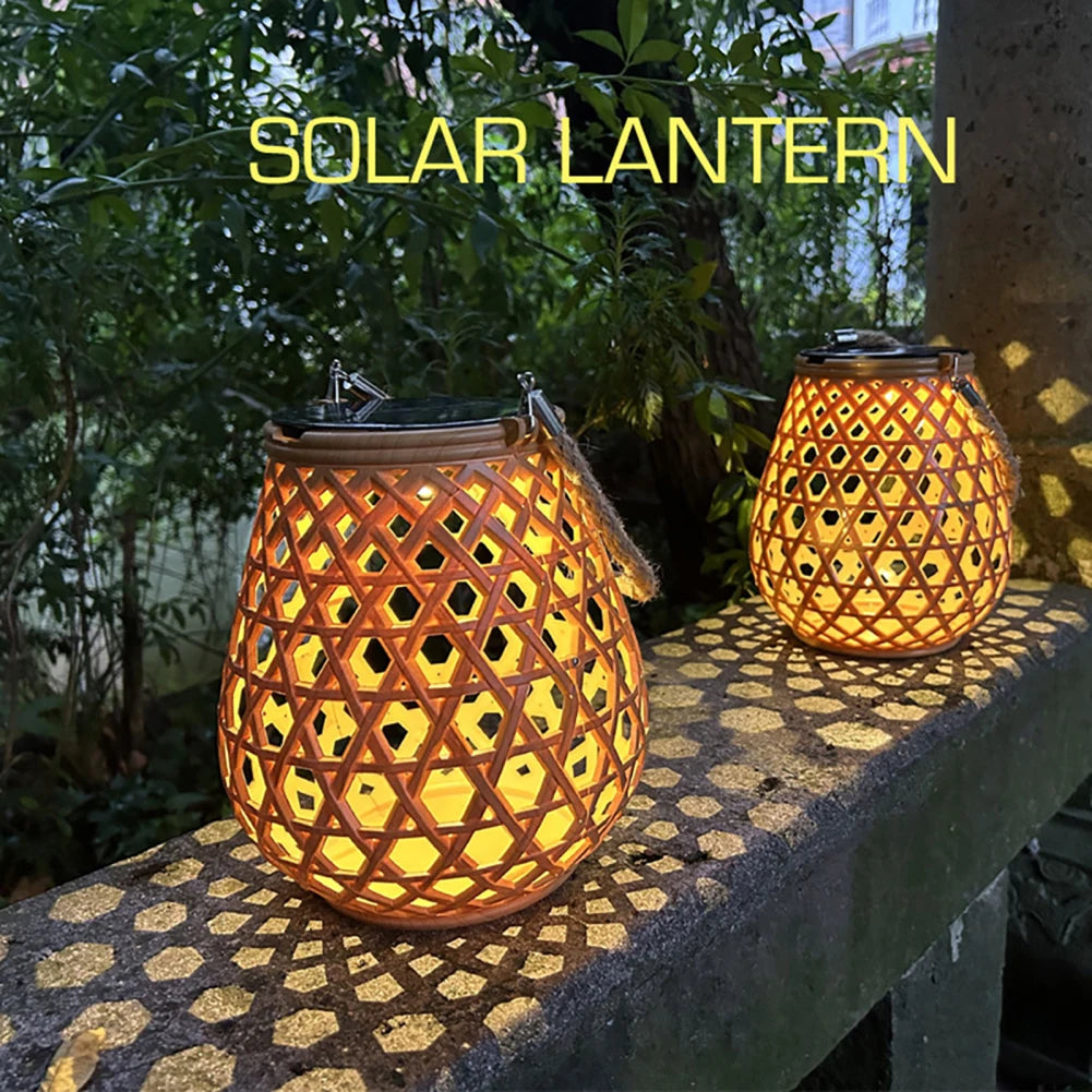 lanterne solaire étanche haute luminosité décoration jardin tissée bambou - vue 4 sur 6