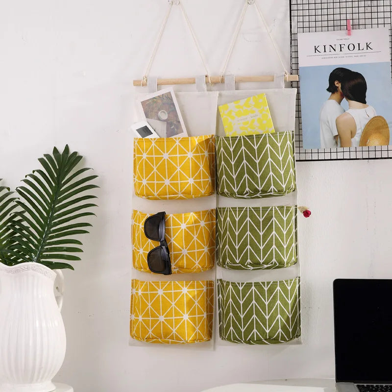 sac de rangement suspendu en coton et lin trois couches - vue 3 sur 9