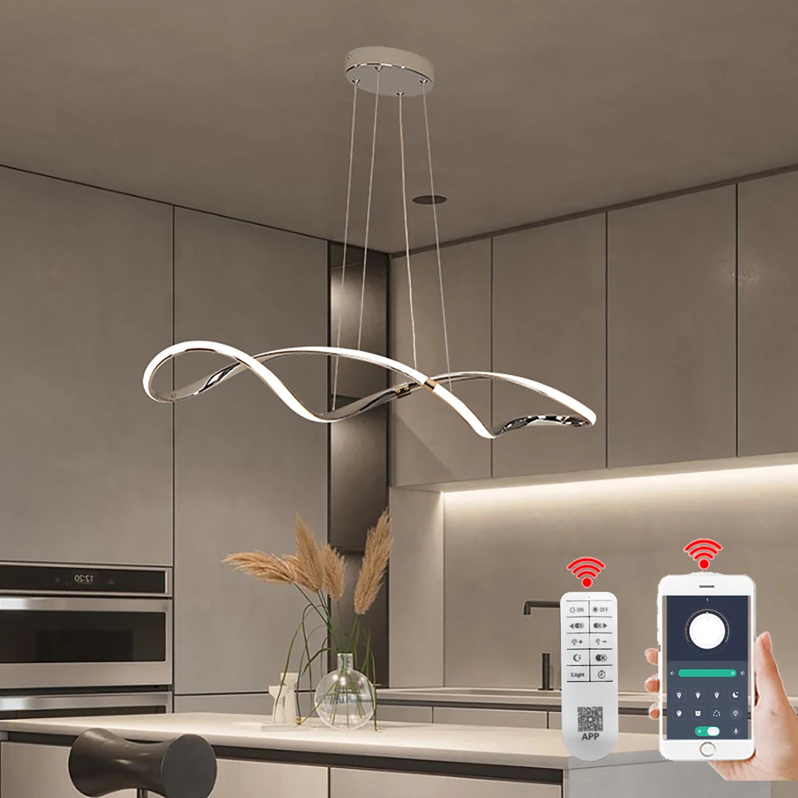 lustre led moderne suspendu avec éclairage et télécommande - vue 2 sur 8