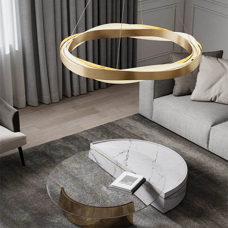 lustre led moderne anneaux brossés en cristal - vue 4 sur 12