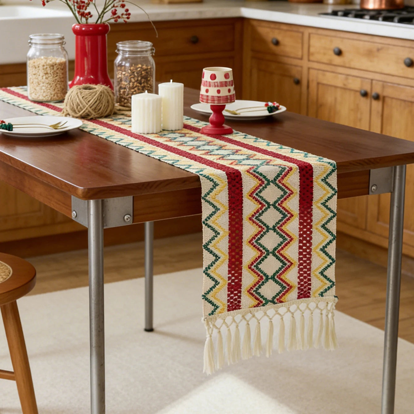 Chemin de table bohème motif aztèque tissé pompons - vue 5 sur 7