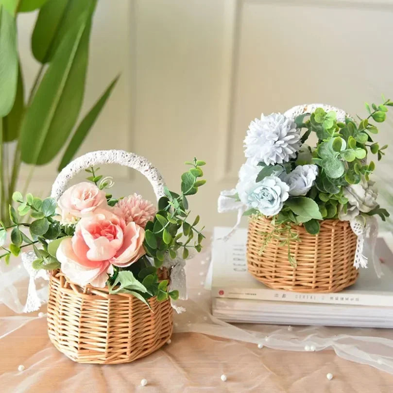 panier en rotin naturel tissé à la main pour mariage décoratif avec dentelle - vue 2 sur 7