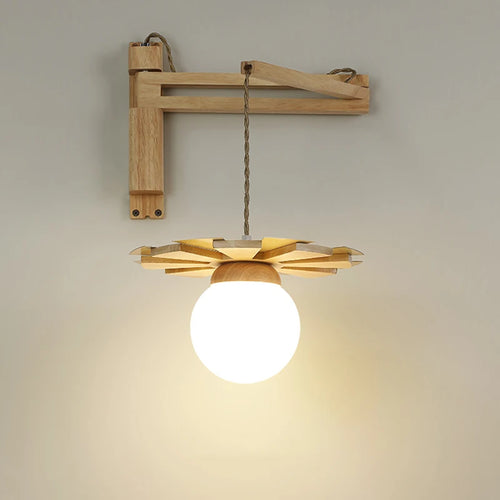 Applique murale suspendue en bois nordique avec bras oscillant applique murale LED pour chevet salon étude couloir abat-jour en verre blanc laiteux - vue 2 sur 7