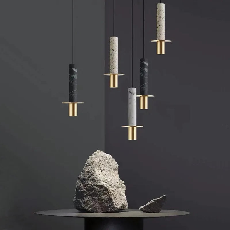Lampe moderne Terrazzo lustre en marbre projecteur cylindrique suspension Restaurant réception marbre Led lustre trou pierre - vue 4 sur 13