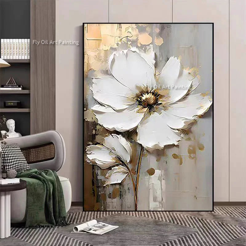 Tableau peinture à l'huile épaisse fleurs blanches abstraites décoration murale luxe - vue 10 sur 11