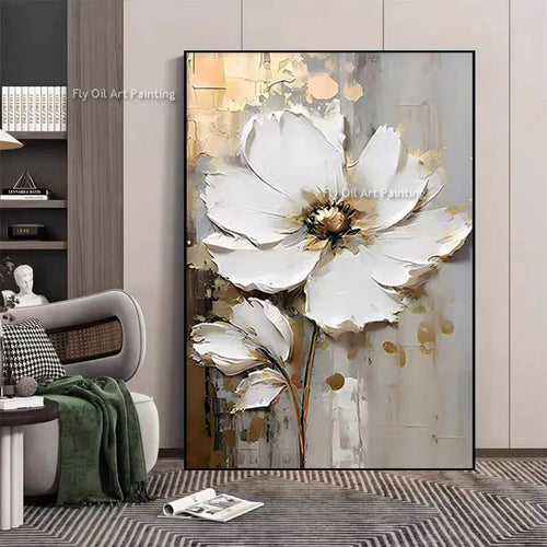 Tableau peinture à l'huile épaisse fleurs blanches abstraites décoration murale luxe - vue 2 sur 11