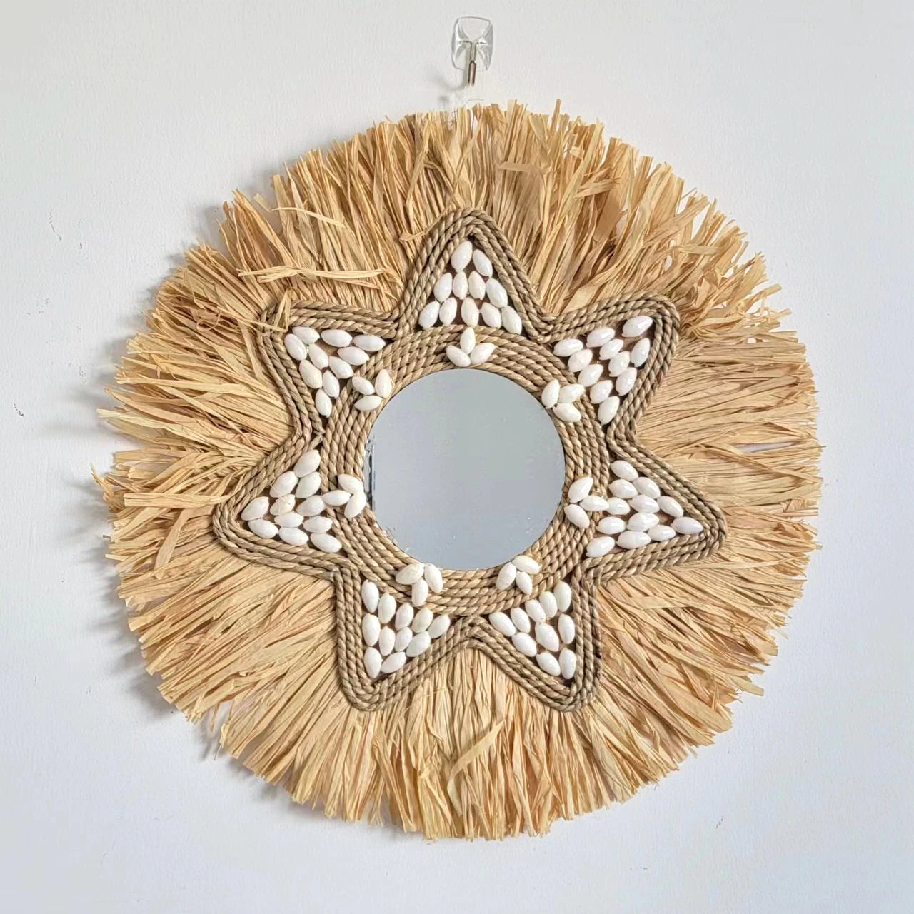 miroir décoratif en raphia et coquillages pour décoration murale - vue 5 sur 5
