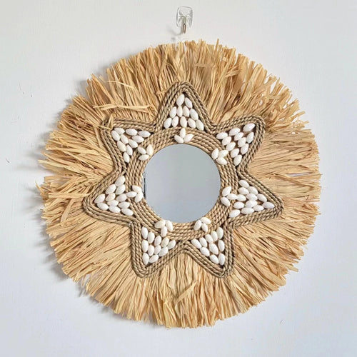 miroir décoratif en raphia et coquillages pour décoration murale - vue 5 sur 5