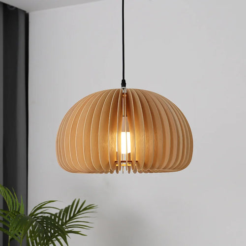 lustre en bois japonais style nordique rétro citrouille pour intérieur - vue 4 sur 11