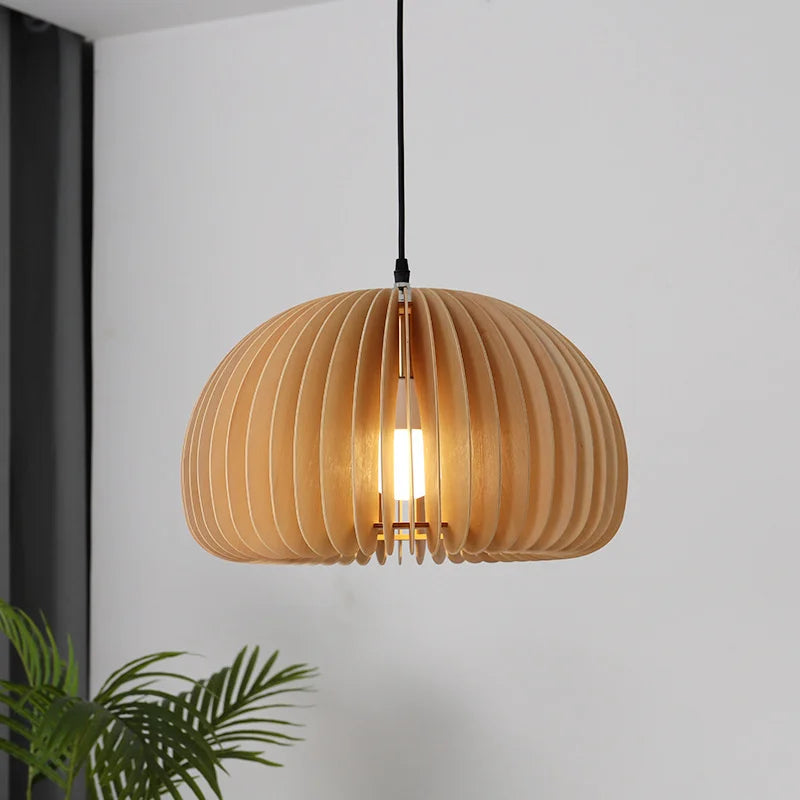 lustre en bois japonais style nordique rétro citrouille pour intérieur - vue 4 sur 11