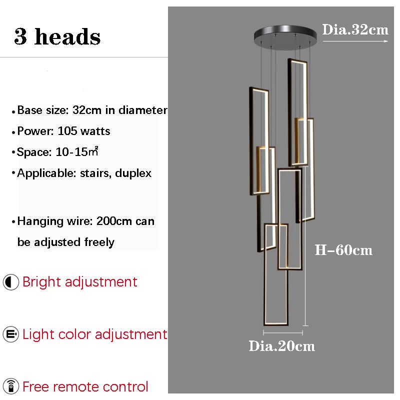 lustre d'escalier minimaliste moderne carré creux duplex grand - vue 12 sur 12