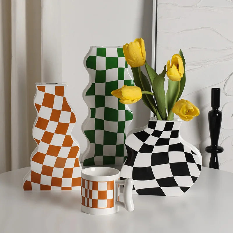 vase en céramique damier pour fleurs séchées décoration élégante - vue 5 sur 10