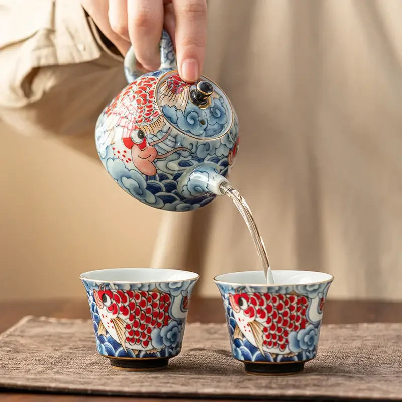 Théière chinoise en porcelaine décor traditionnel infuseur - vue 5 sur 7