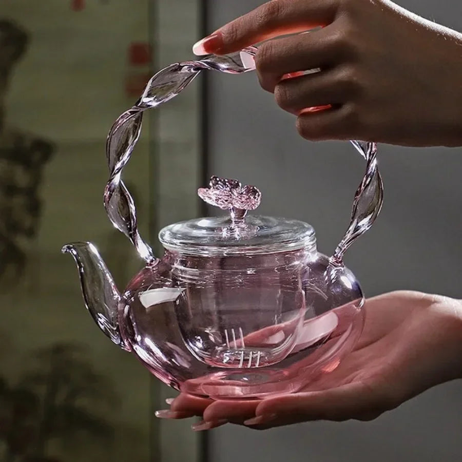 Théière verre borosilicate poignée articulée fonction papillon - vue 2 sur 6
