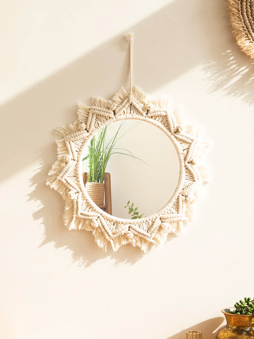 miroir décoratif boho en macramé pour décoration murale artisanale - vue 2 sur 13