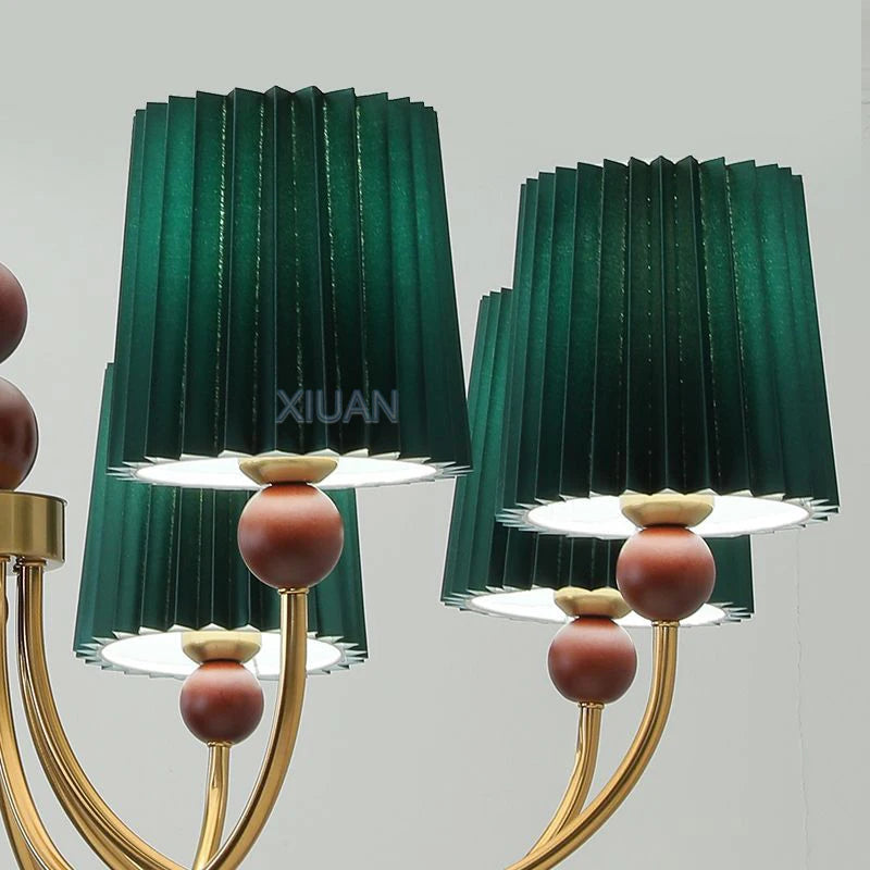 lustre led vintage américain en tissu plissé et bois wabi-sabi - vue 6 sur 12