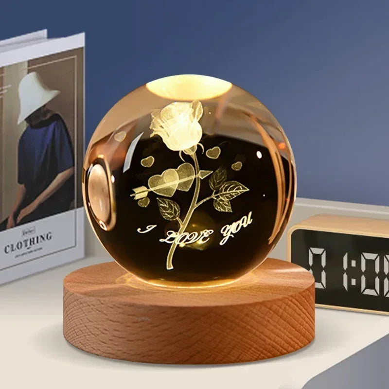 veilleuse 3D en cristal système solaire cadeau décoratif en bois - vue 7 sur 16