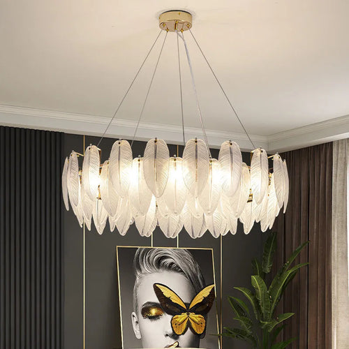 lustre de luxe moderne en plumes et verre métallique - vue 2 sur 11