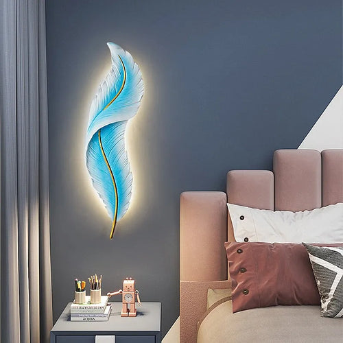 Applique murale moderne LED rose bleu Plume résine appliques murales télécommande Luminaire salon chambre décor lumière LED Lustre - vue 2 sur 15