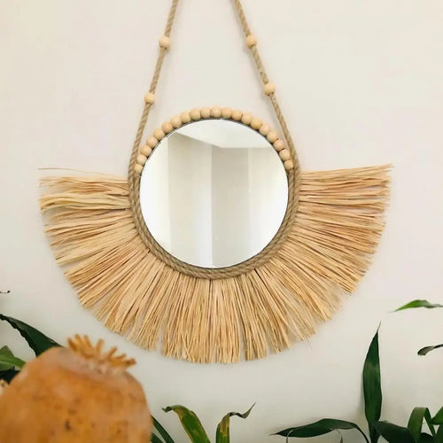 miroir suspendu en raphia et perles en bois décoratif multifonctions - vue 6 sur 11