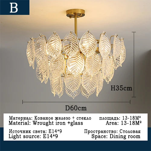 lustre moderne en verre suspendu avec décoration de feuilles - vue 9 sur 11
