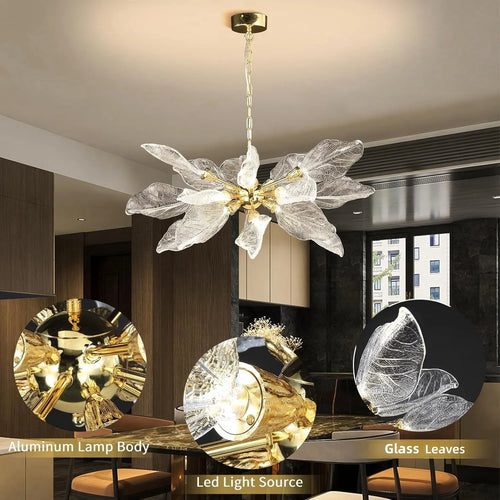 lustre moderne en métal avec design élégant et feuilles décoratives - vue 4 sur 14
