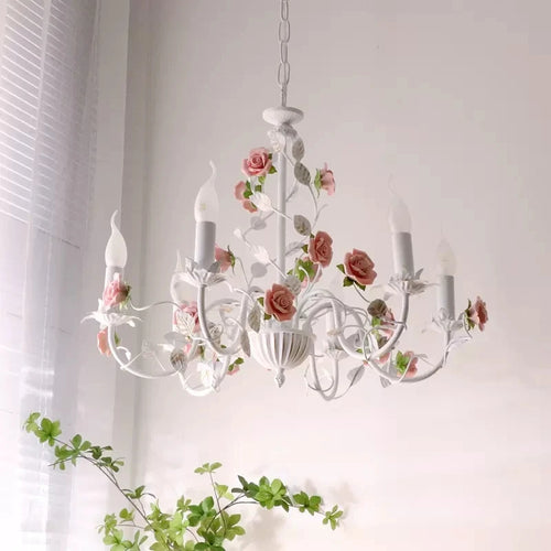 lustre en fer forgé avec décor de roses romantiques fleurs pastorales - vue 3 sur 11