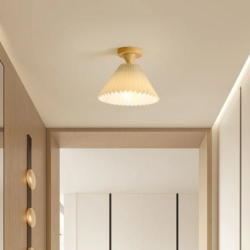 plafonnier moderne led bois tissu plissé - vue 2 sur 11