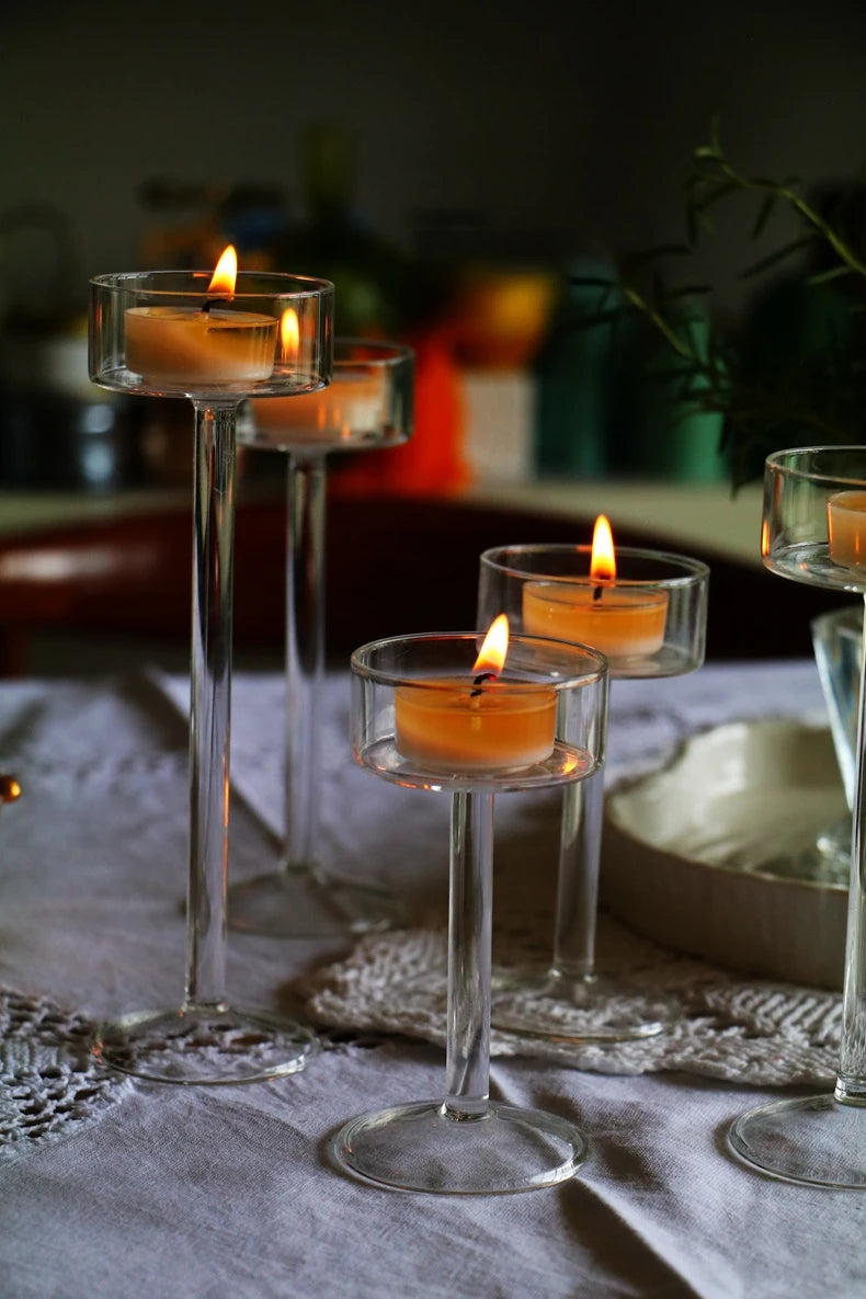 ensemble de bougeoirs en verre pour décoration de table élégante - vue 3 sur 9