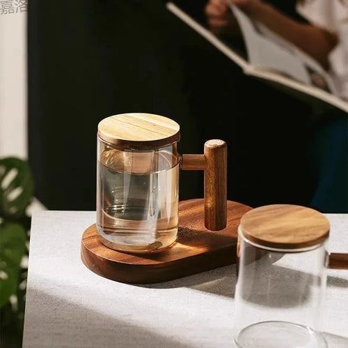 tasse en verre borosilicate avec poignée en bois et couvercle - vue 6 sur 8