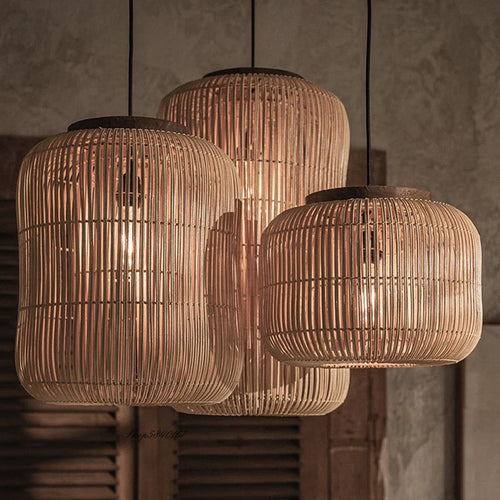 suspension Wabi-sabi lumières chinois rétro salle à manger salon restaurant décor chez l'habitant rotin - vue 2 sur 12