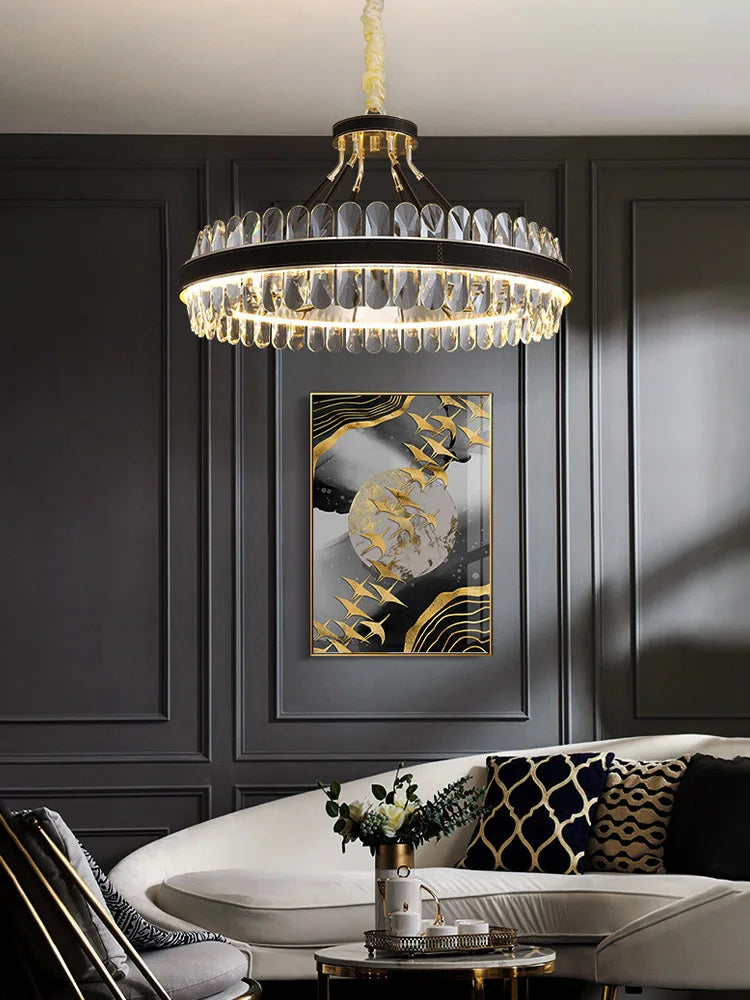 lustre en cuir led cristal luxueux rond suspendu moderne - vue 2 sur 24